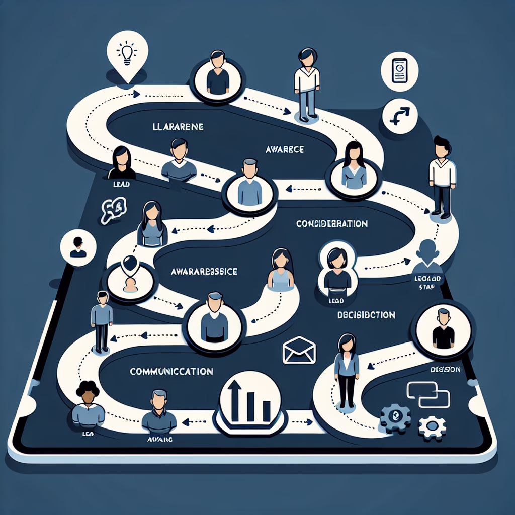 A visual representation of lead nurturing through a marketing automation platform, showing leads progressing through different stages of the customer journey with tailored interactions.