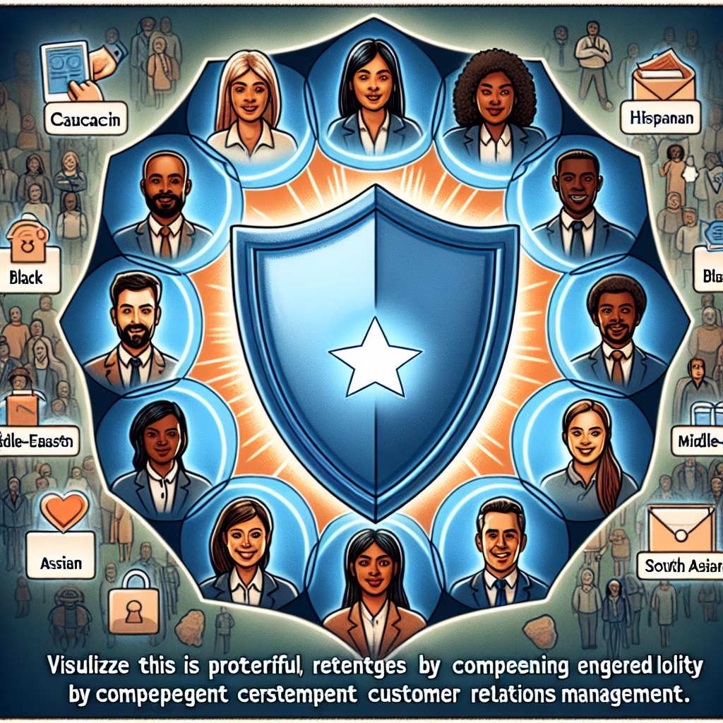 A visual representation of customer retention strategies, depicted as a strong, protective shield surrounding a group of diverse customers, symbolizing the long-term loyalty fostered by effective CRM.
