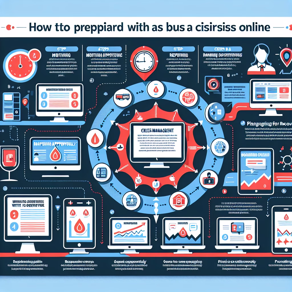 An infographic showing the steps involved in online crisis management, including monitoring, response, and recovery. The design should be clear and concise, emphasizing the need for a well-prepared crisis management plan.