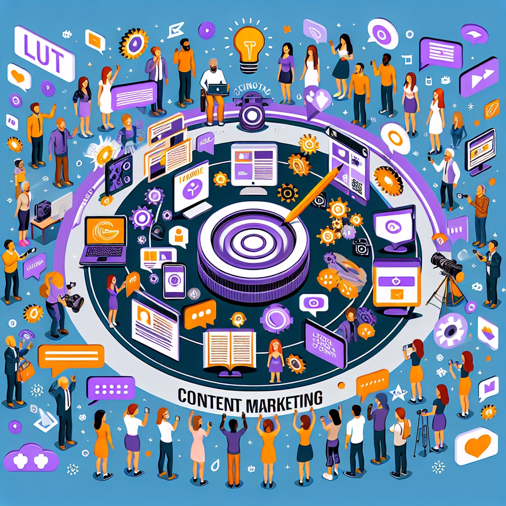 A creative depiction of content marketing, showing various forms of content such as blog posts, videos, and social media updates, all connected to a central brand hub, with target audience avatars surrounding the content.
