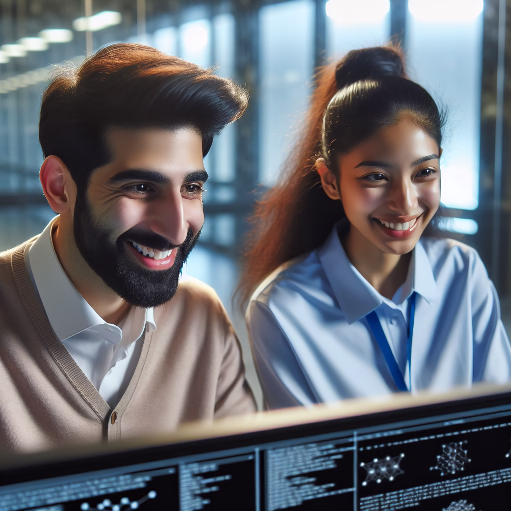 A diverse team of SME employees participating in an AI training workshop, enthusiastically learning how to use new AI-powered tools for their daily tasks.