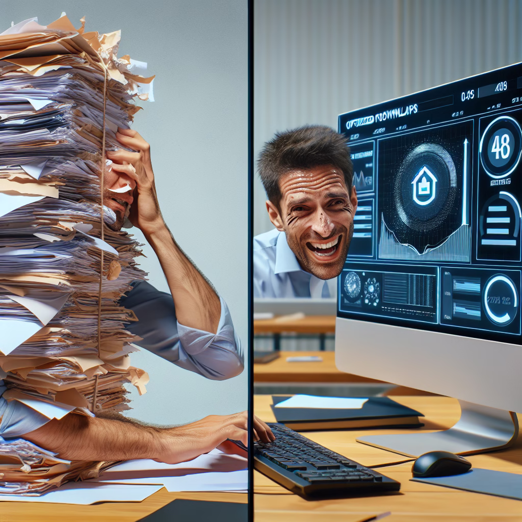 A small business owner looking overwhelmed by a stack of papers, then smiling confidently as an AI dashboard appears on their computer screen, showing optimized workflows and increased efficiency.