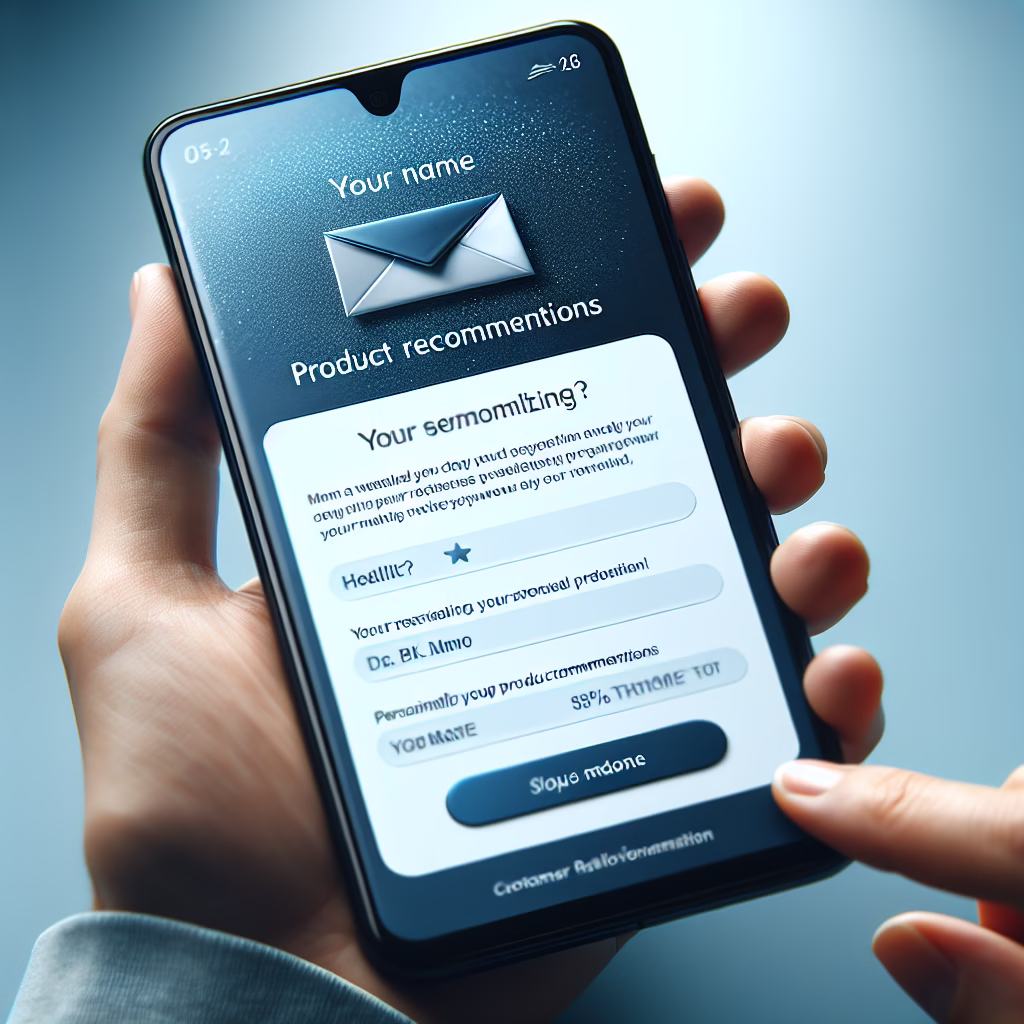 A close-up shot of a mobile phone displaying a personalized email with the recipient's name and relevant product recommendations, showcasing the power of personalization in CRM marketing.