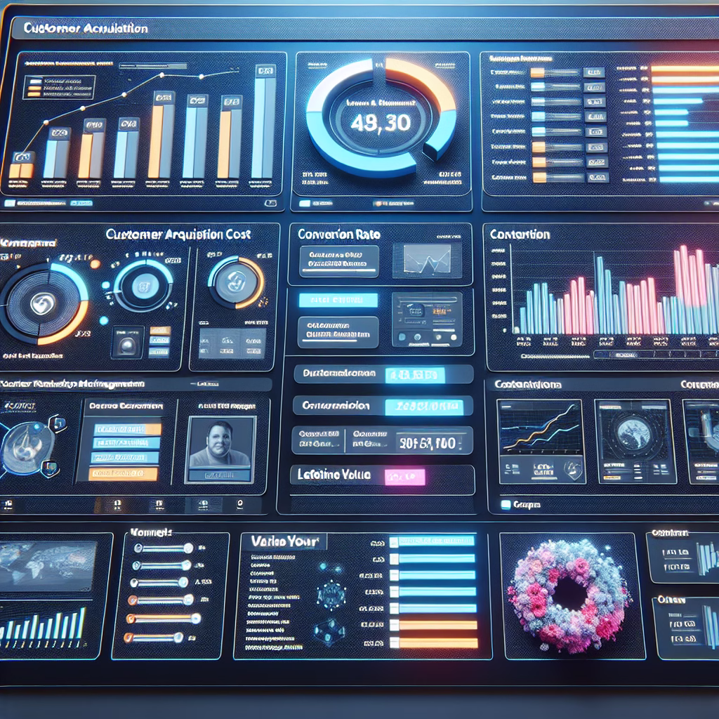 A dashboard interface showcasing key metrics and analytics from a CRM system, including customer acquisition cost, conversion rates, and customer lifetime value, highlighting the importance of data-driven decision-making.