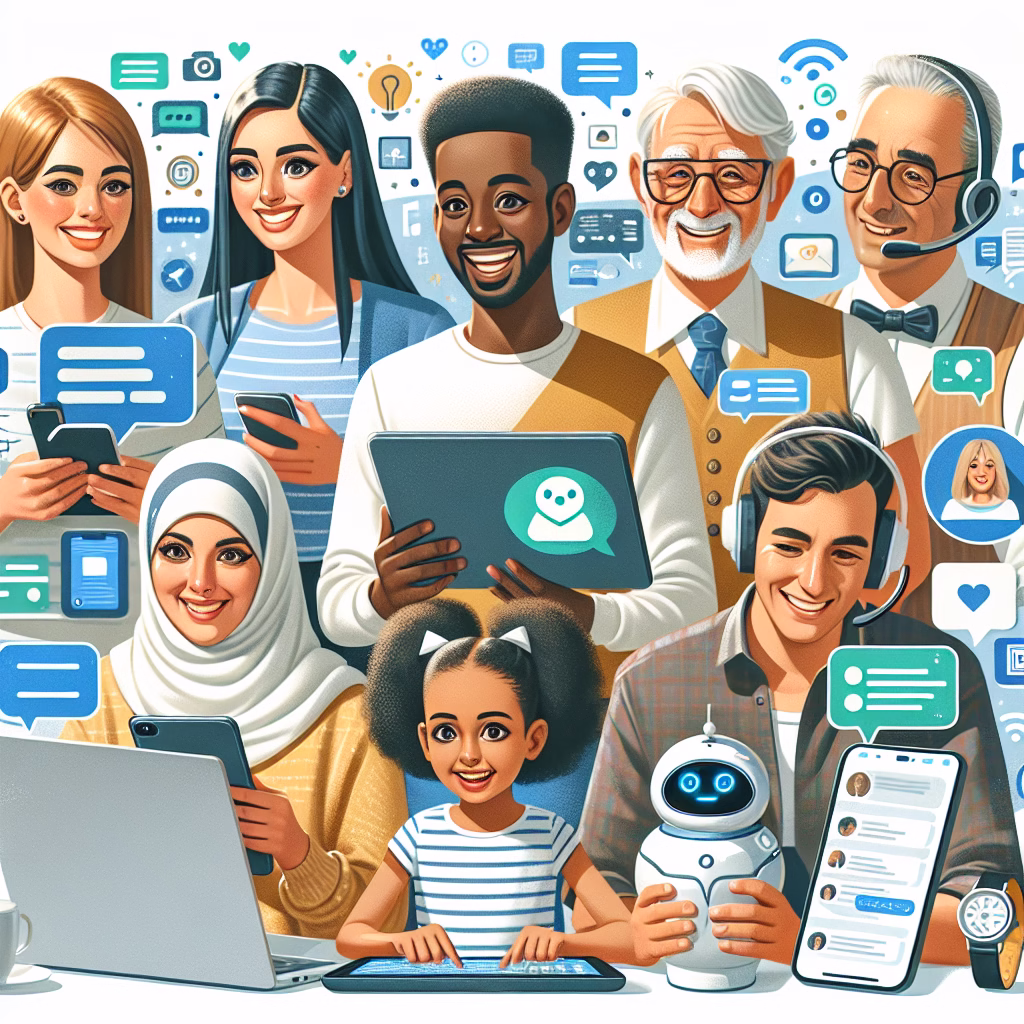 A diverse group of people interacting with ChatGPT on various devices, showcasing its wide range of applications.