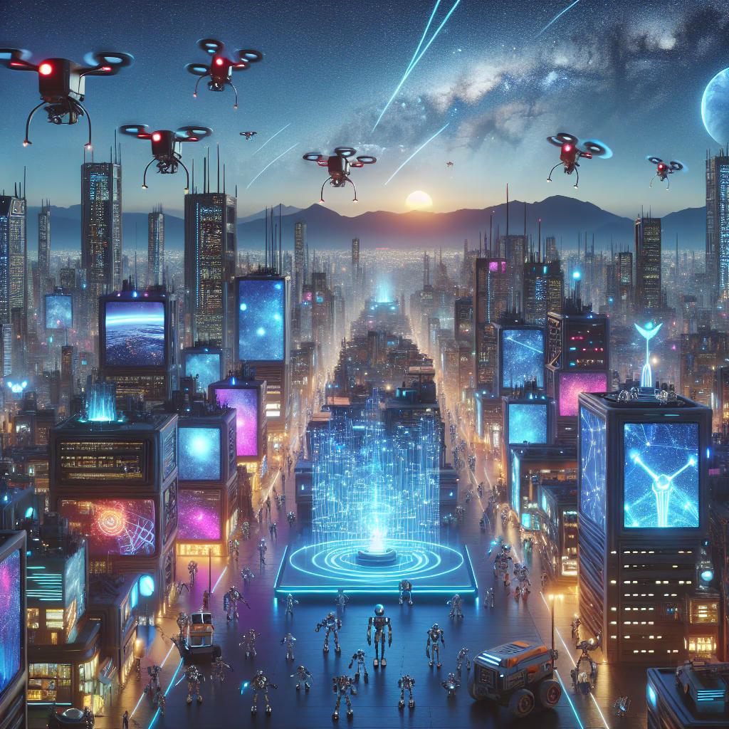A futuristic cityscape with robots creating videos, showcasing the power of AI video generation.