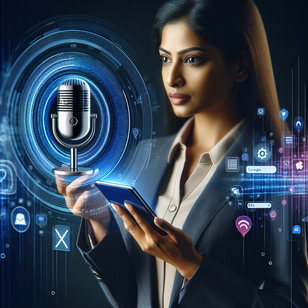 A person speaking into a smart device with a voice search interface, emphasizing the growing importance of voice search in digital marketing.