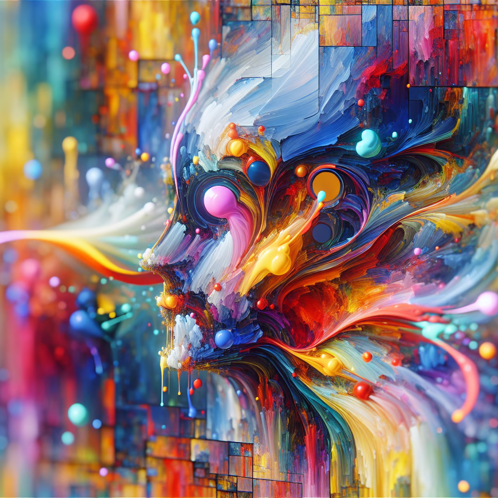A close-up shot of a digital canvas where MidJourney is generating an abstract art piece. The artwork is vibrant, colorful, and has a unique, surreal style.