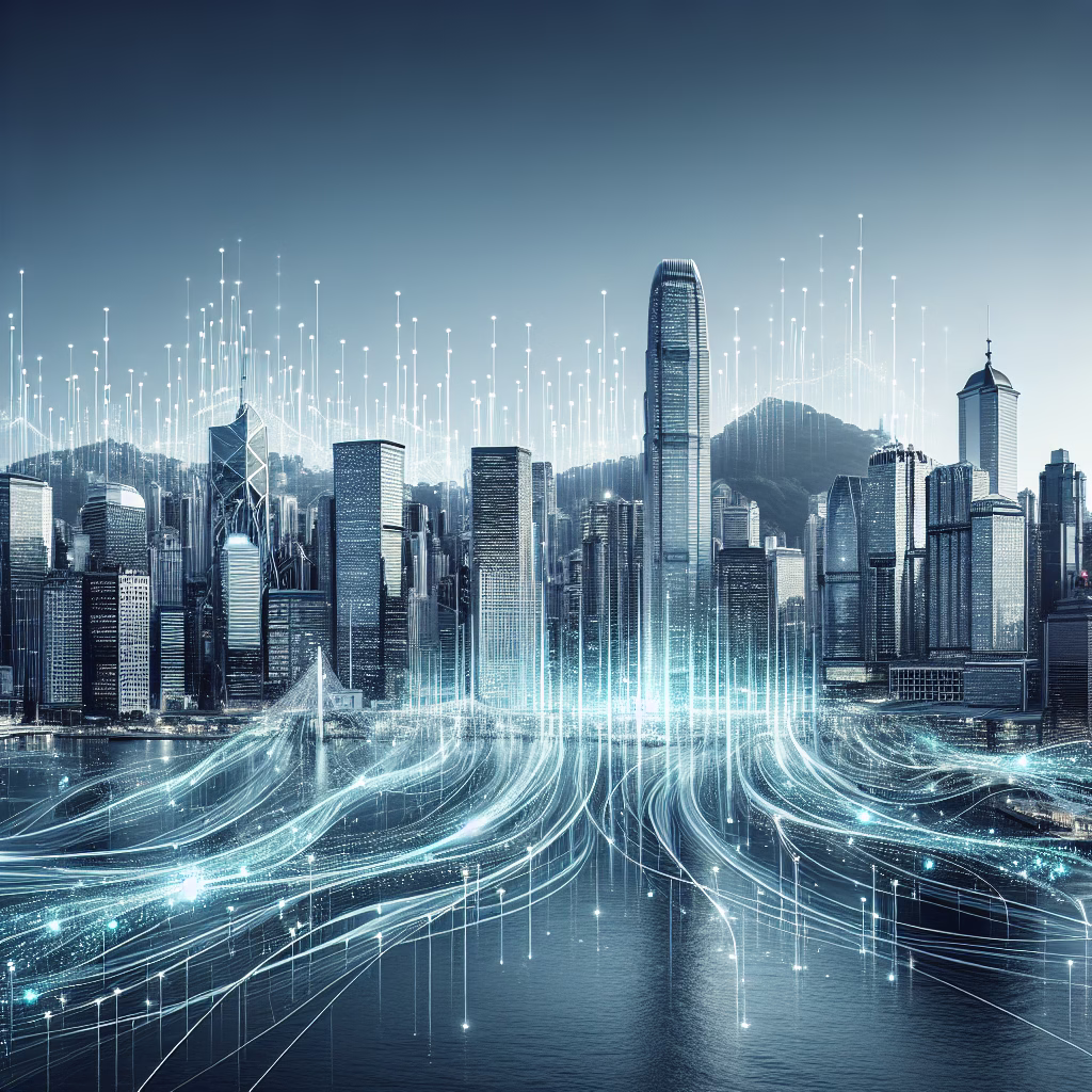 A futuristic cityscape with marketing data streams flowing through the buildings, symbolizing the integration of AI in marketing.