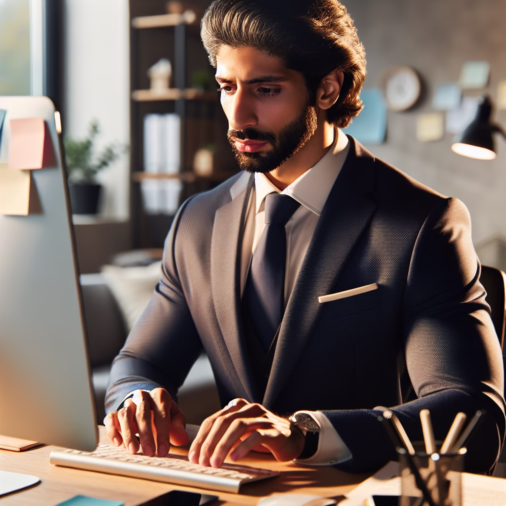 A calm and professional person typing a response to a negative comment on social media, showing empathy and offering solutions.