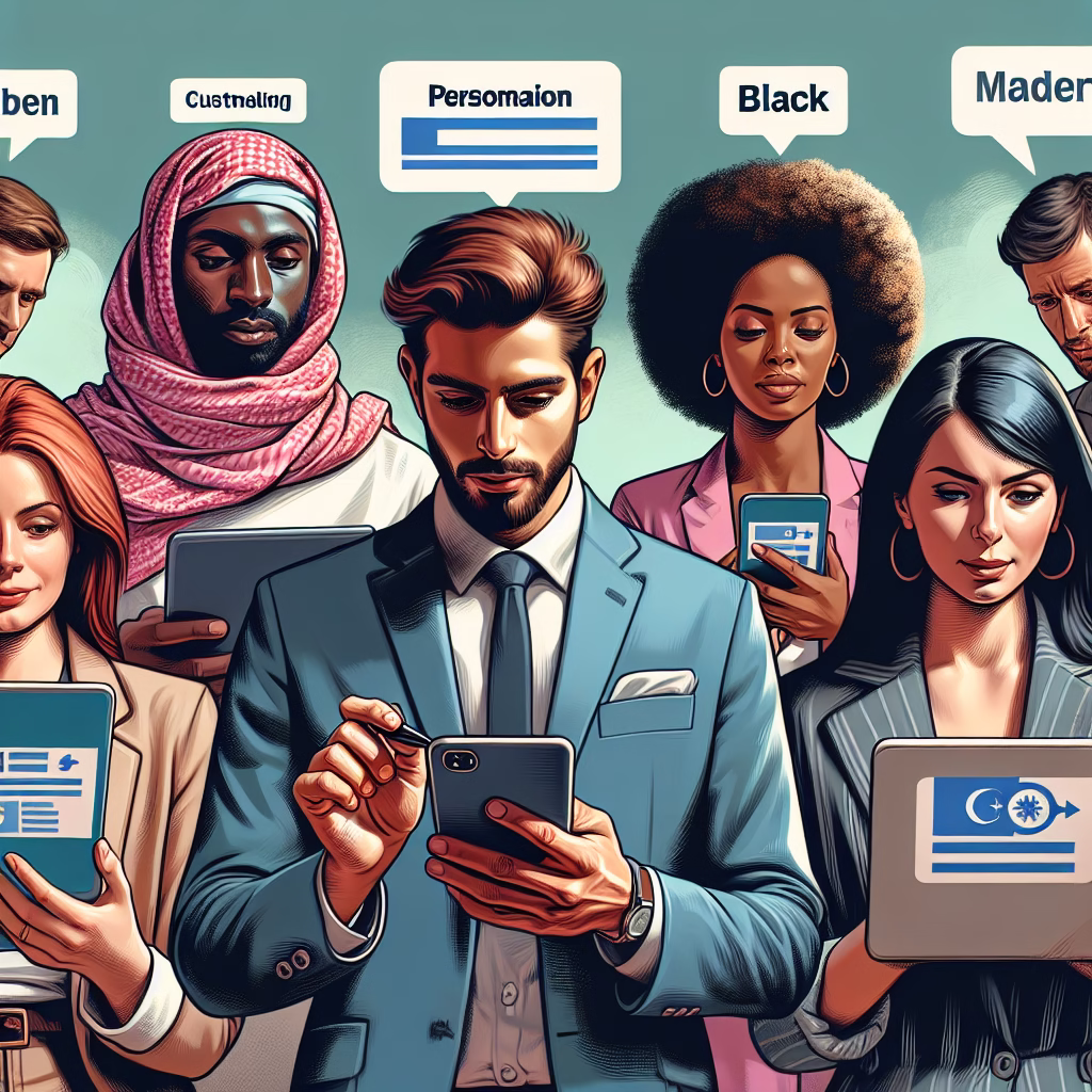 A diverse group of customers receiving personalized marketing messages on various devices (phone, tablet, laptop), highlighting the impact of customized content delivery.