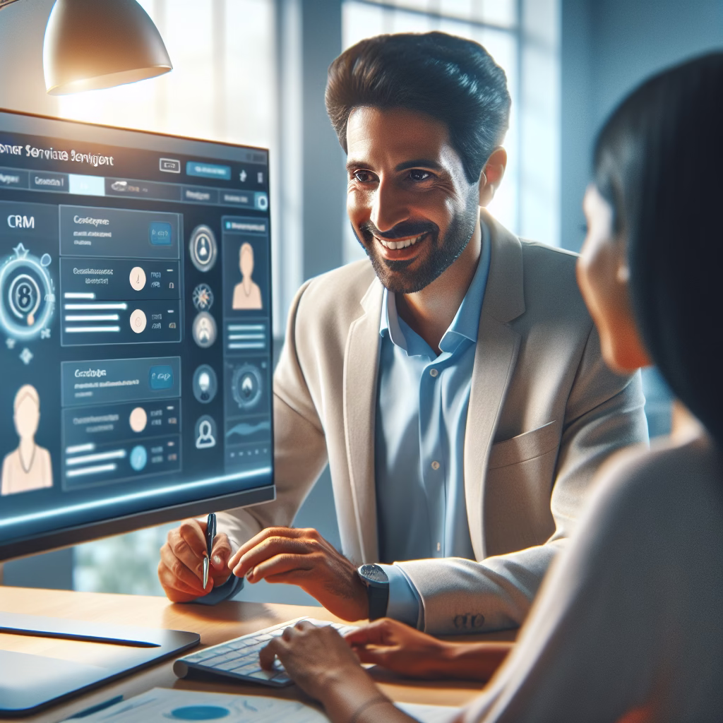 A customer service representative interacting positively with a client via video call, with a CRM interface visible in the background showing the customer's profile and interaction history. The scene should convey empathy and personalized service.