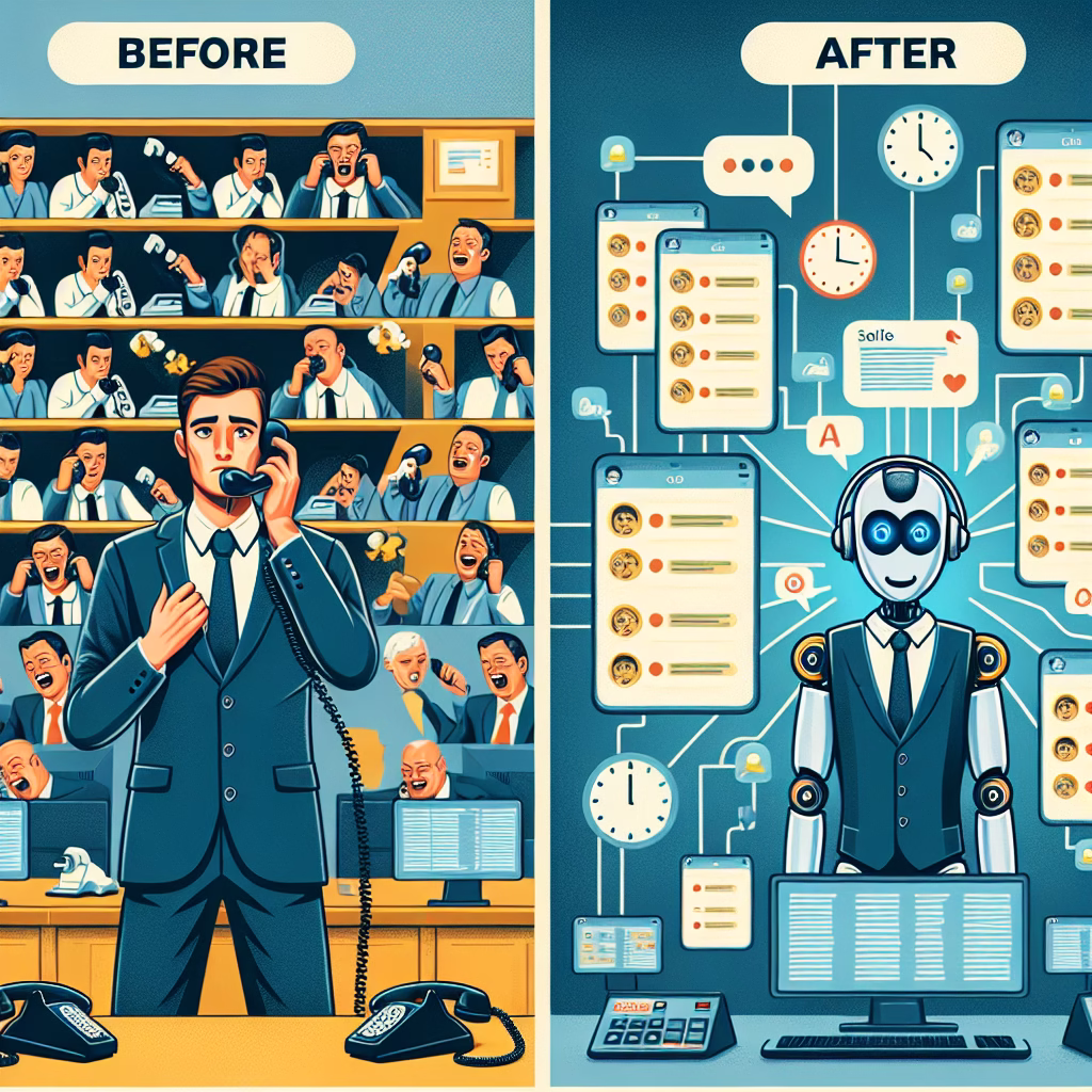 A before-and-after illustration showing a traditional customer service process overwhelmed with calls, contrasted with an AI-powered chatbot smoothly handling customer inquiries and resolving issues.