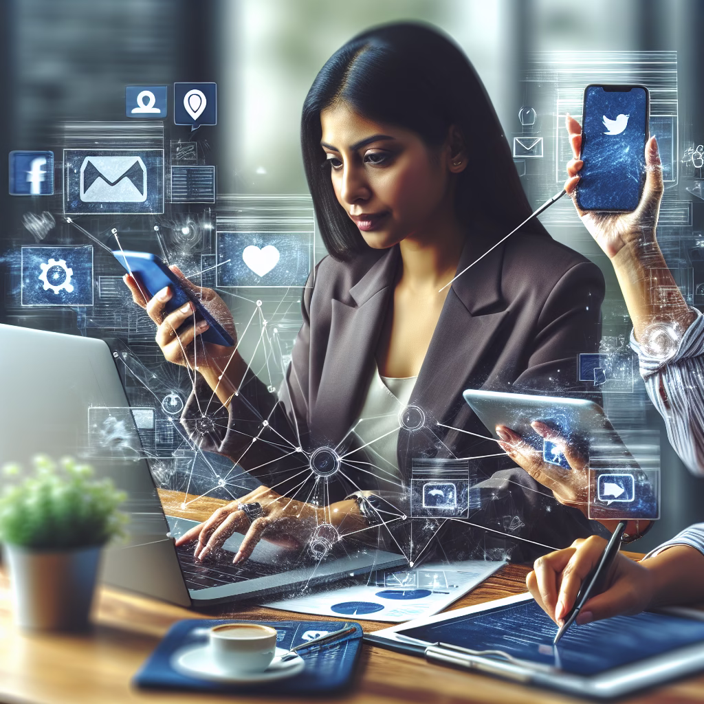 A visually appealing image depicting a person managing multiple social media accounts on different devices. The atmosphere should be professional and organized, highlighting the importance of active social media management.