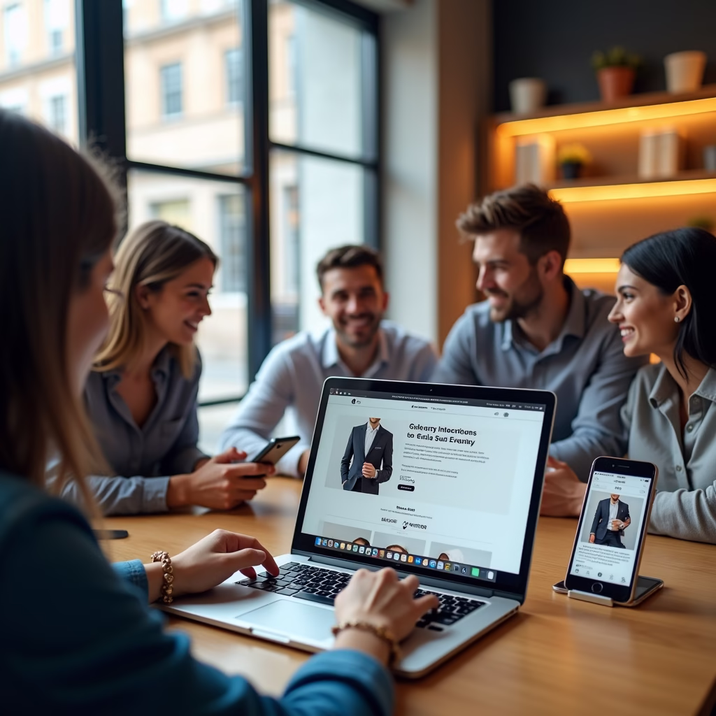 A diverse group of customers interacting with a business through various channels, such as a website on a laptop, a mobile app on a smartphone, and a physical store. The scene should emphasize seamless integration and a consistent brand experience across all channels.