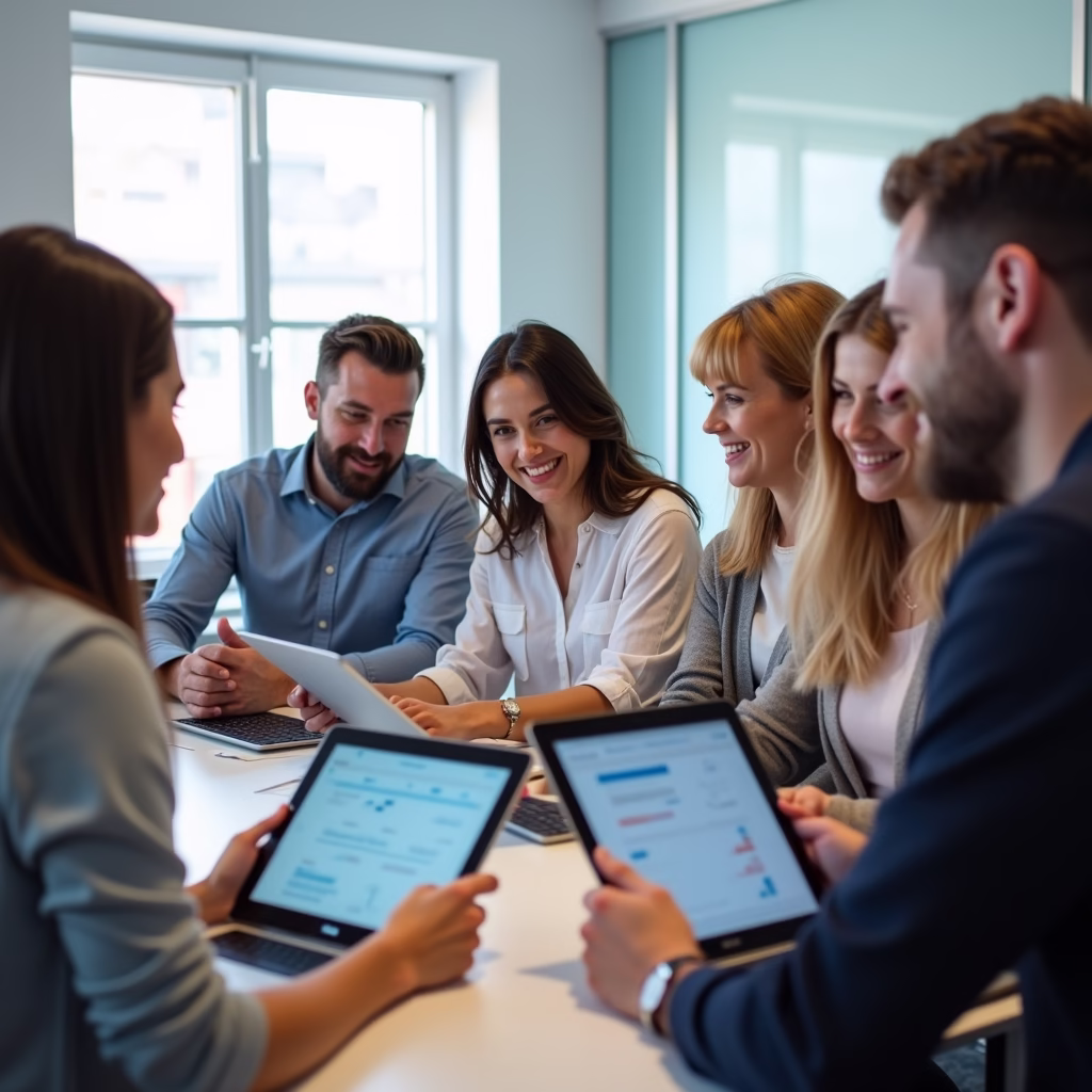 A diverse group of employees participating in an interactive digital skills training session, using tablets and laptops. The setting is a bright, modern training room, highlighting the importance of continuous learning and upskilling in a digital workplace.