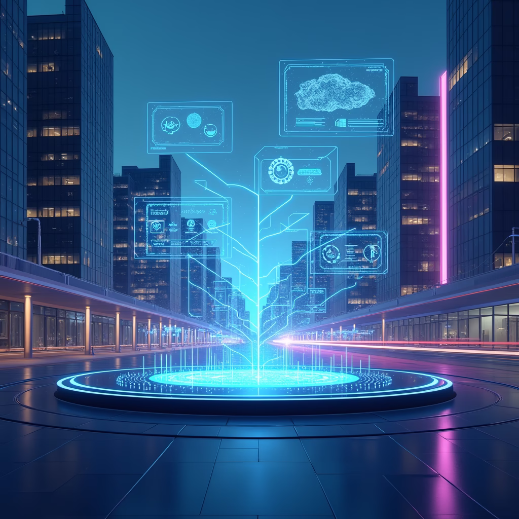 A futuristic cityscape with holographic marketing messages floating in the air, symbolizing the integration of AI into marketing. Dominant colors are blue, purple, and silver, with hints of green. The style is clean, modern, and slightly abstract, emphasizing technological advancement.