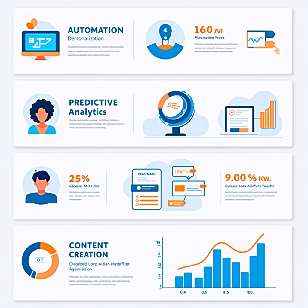 A digital dashboard displaying various AI marketing tools and metrics. Icons representing automation, personalization, predictive analytics, and content creation are prominently featured. The color palette is vibrant, with shades of blue, orange, and white. The style is modern and informative, emphasizing data-driven marketing strategies.