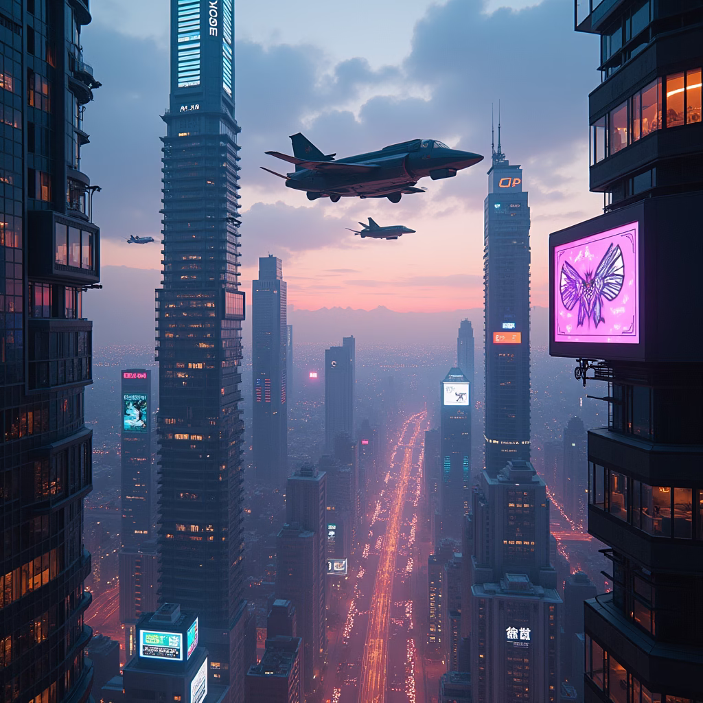 A futuristic cityscape at dusk, with towering skyscrapers illuminated by neon lights. Flying vehicles zip between buildings, and holographic advertisements shimmer in the air. The image should capture a sense of awe and wonder.