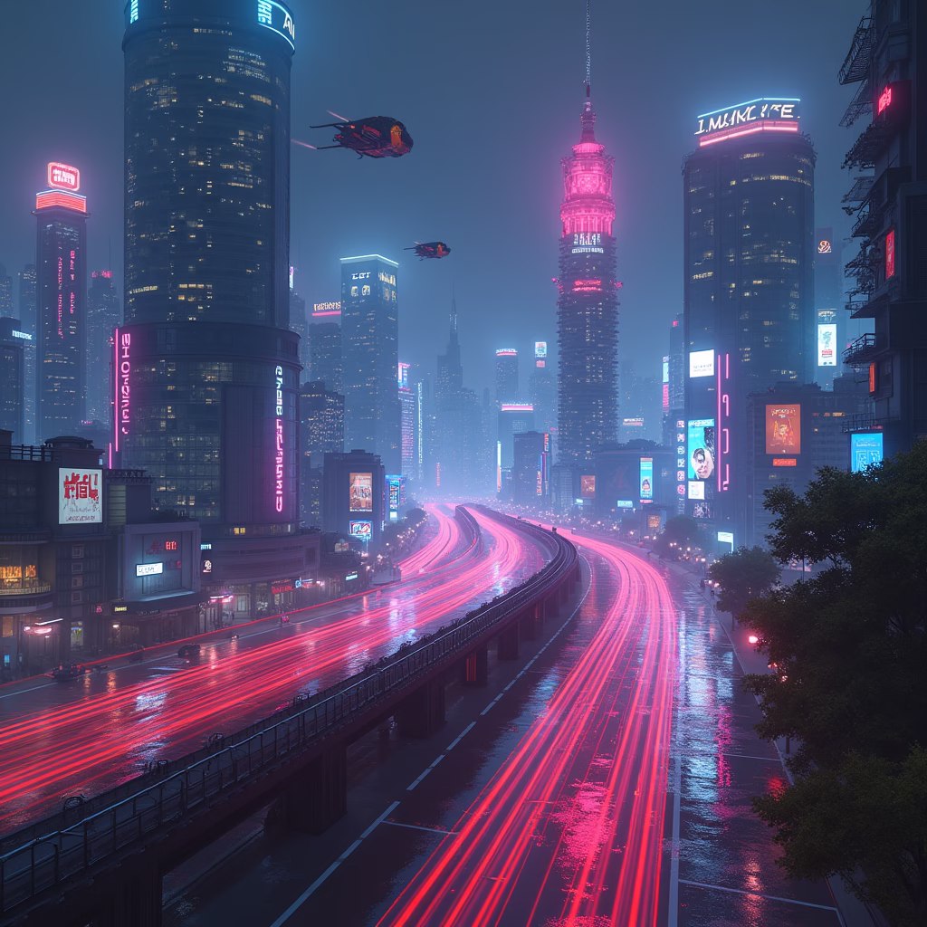 a futuristic cityscape at night, neon lights, flying cars, cyberpunk style, digital art