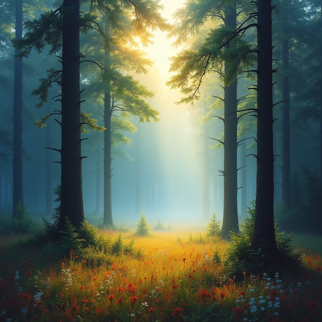 a serene forest landscape, sunlight filtering through the trees, mist, vibrant colors, impressionism style, nature photography