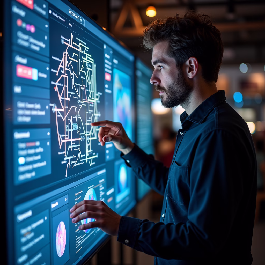 A close-up of an artist using a sophisticated AI image generation interface on a large touchscreen. The interface displays a complex node-based editor with various parameters and options. The artist is focused and engaged, with a look of creative intensity.
