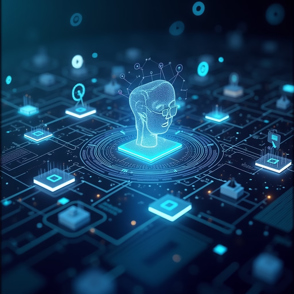 Generative AI creating marketing content: A sleek, futuristic interface displays an AI generating diverse content formats (text, image, video) tailored for different marketing channels. Data visualizations highlight the AI's ability to analyze trends and personalize the content.