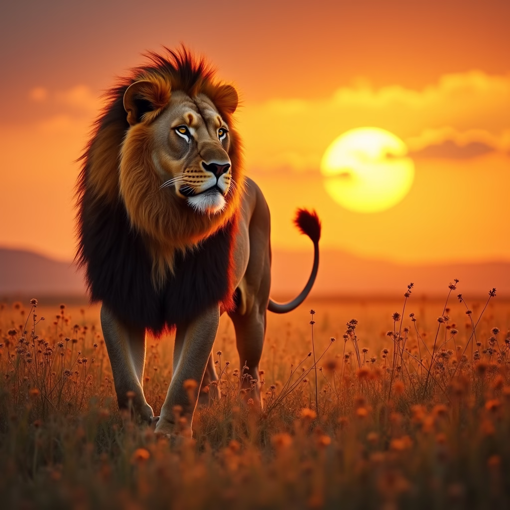 a majestic lion in a savanna sunset, realistic painting, golden hour lighting, wildlife photography