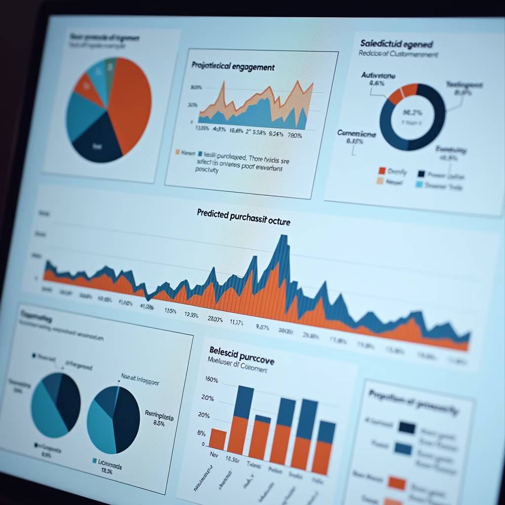 Predictive AI analyzing customer behavior: A detailed dashboard showing predicted customer behaviors and trends. The visualizations include heatmaps of engagement, predicted purchase probabilities, and customer segmentation analysis, highlighting the AI's analytical capabilities.