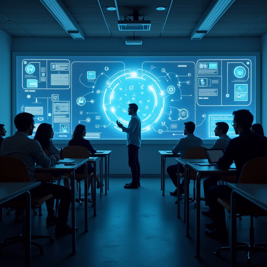 A futuristic classroom setting with holographic displays showing AI-generated course content. Students are engaged and interacting with the AI teacher.