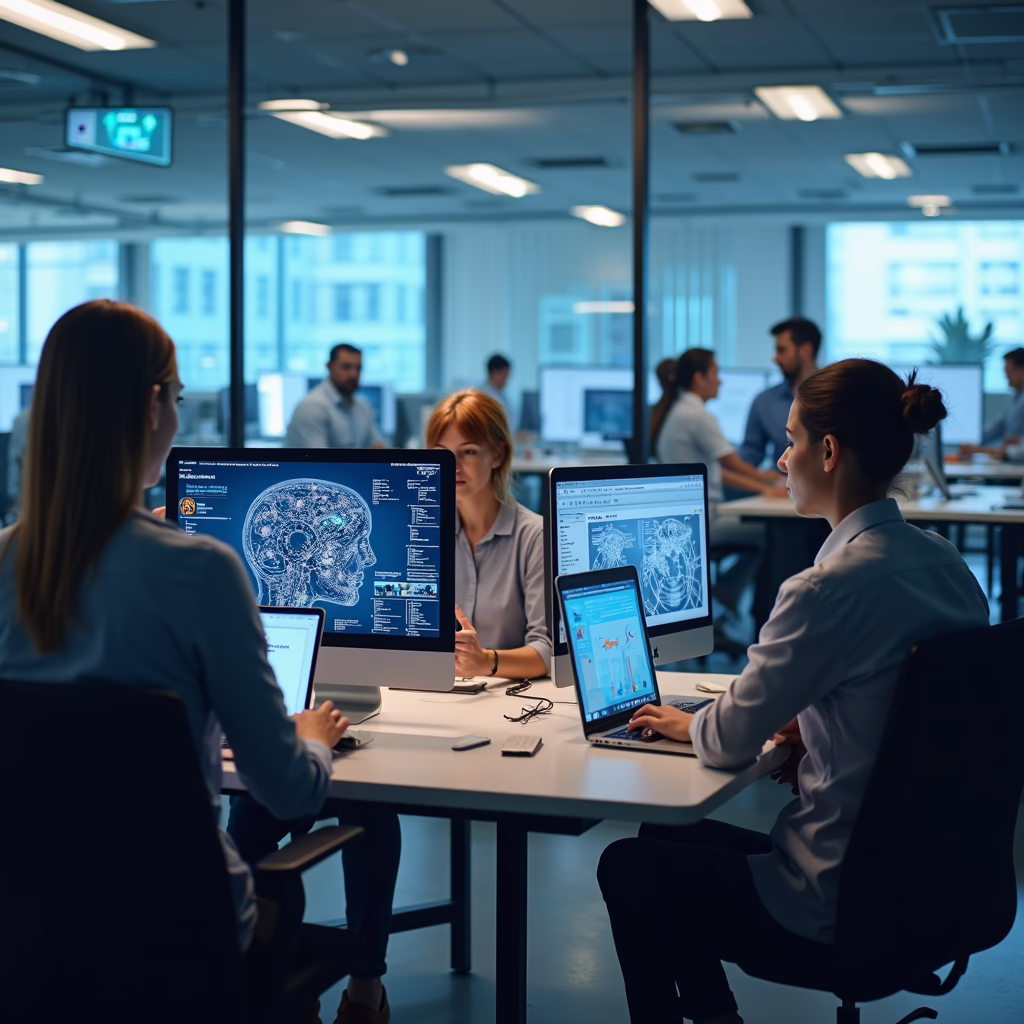 a diverse group of office workers collaborating in a modern office space, using various ai-powered devices and interfaces to enhance their productivity and communication. the scene should depict a seamless integration of technology and human interaction.