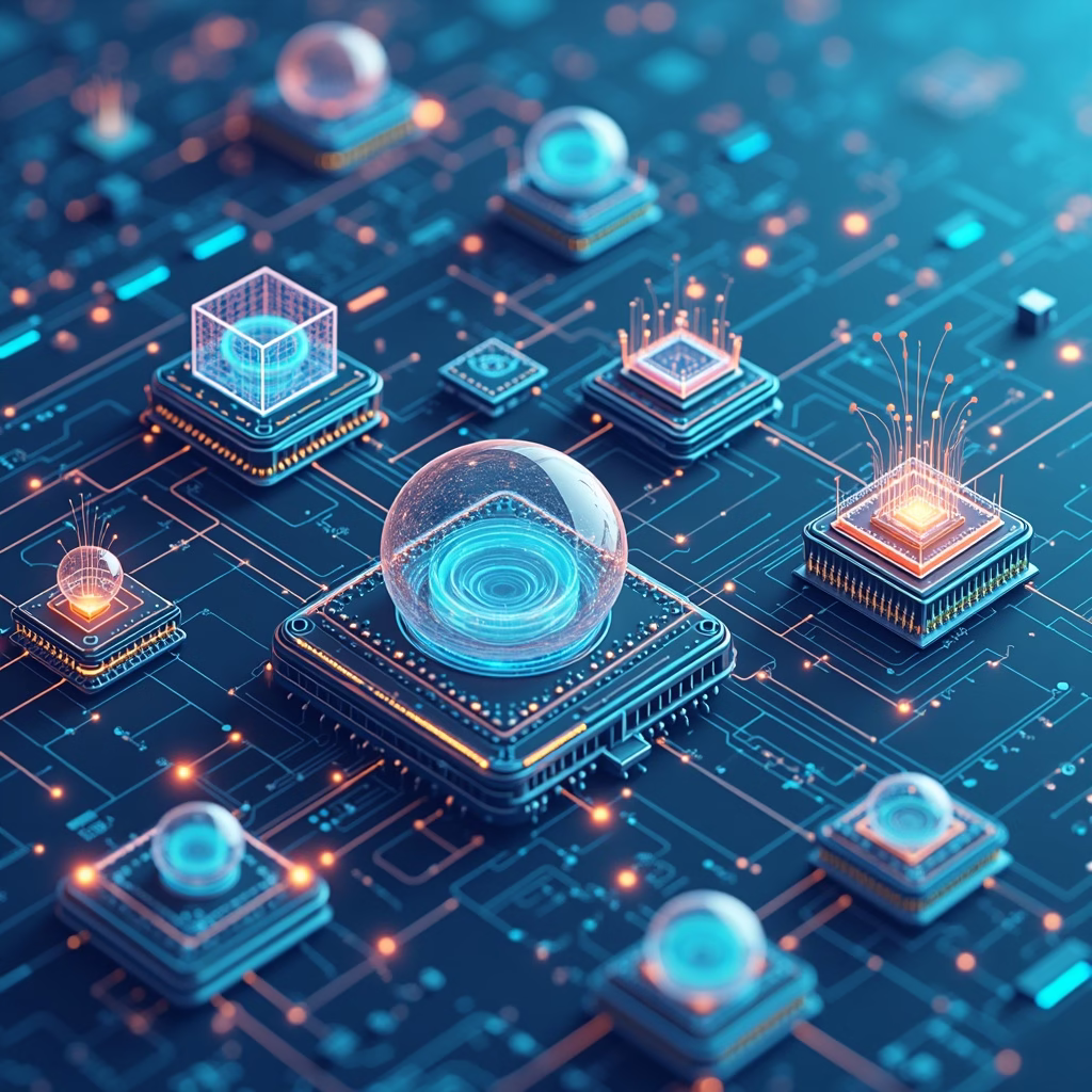 A futuristic dashboard shows real-time market trends, consumer sentiment analysis, and competitive analysis, all powered by AI, with interactive charts and graphs.